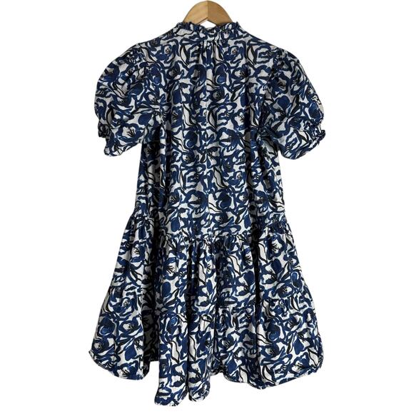 Apiece Apart Las Alturas Blue White Floral Print Puff Sleeve A-Line Mini Dress S - Picture 14 of 16